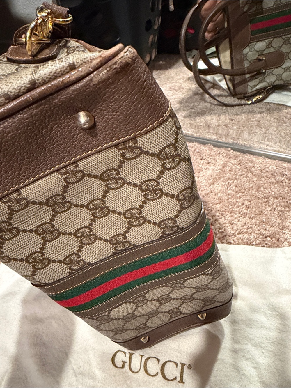 Gucci Brown GG Supreme Canvas Top Handle Satchel with Green-Red Web - Picture 4 of 14